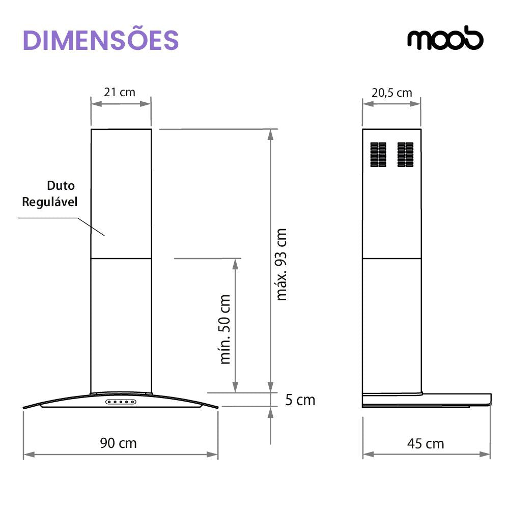 Coifa Moob Vidro Curvo Inox Duto Slim 90 CM - 220V